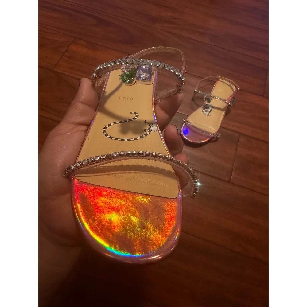Christian Louboutin Kids Miniqueenie Pink Holographic Crystal Sandals Red Bottom